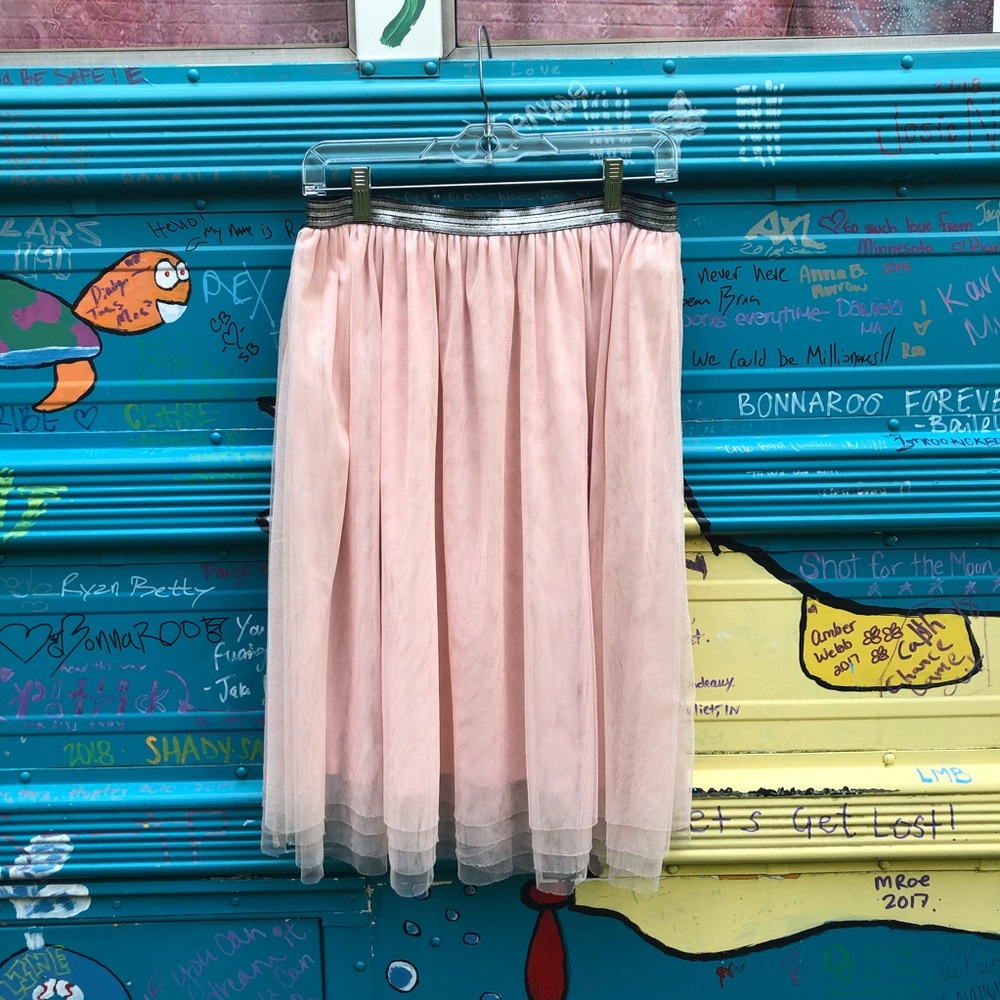 Pink Tulle Elastic Waistband Skirt Midi Size Large